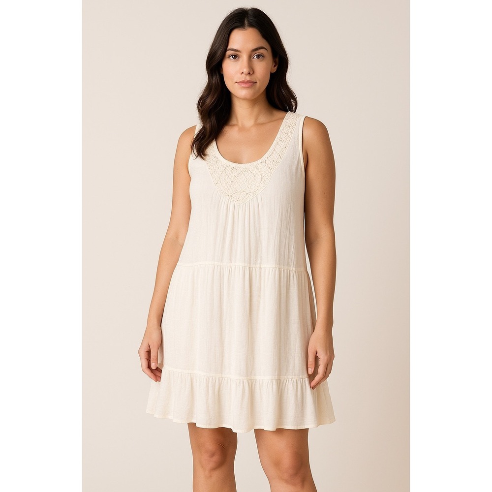Cream Crochet Lace Bib Tiered Ruffle Mini Dress women's XLBoho Concert‎ Western